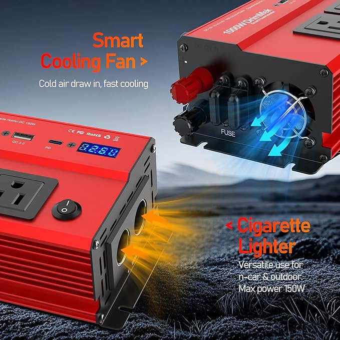 DrimMek 1000 Watt Power Inverters 12v to 110v for Vehicles - with Dual AC Outlets, 1000w Inverter with 3.0A USB and Type-C, 12v Inverter car Cigarette Lighter Battery for/Truck/RV/Emergency