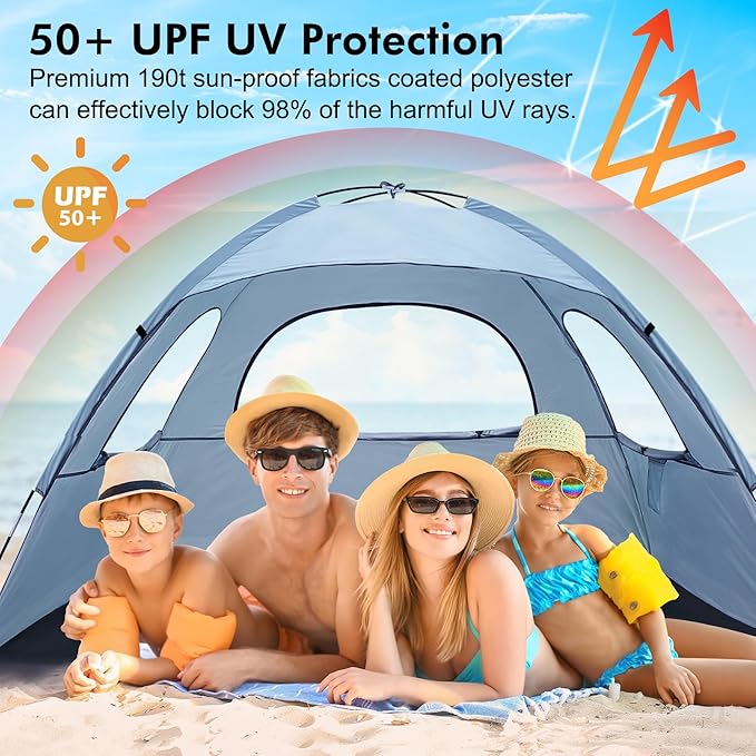 WhiteFang Beach Tent Anti-UV Portable Sun Shade Shelter for 3/4/6/8 Person, Extendable Floor with 3 Ventilating Mesh Windows Plus Carrying Bag, Stakes and Guy Lines