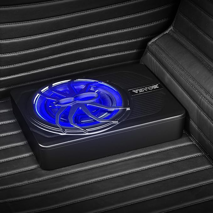 VEVOR 10" 440W Underseat Car Subwoofer, Slim Powered Car Subwoofers with Blue Ambient Light, Low Profile Audio Sub Under The Seat with Built-in Amplifier, Remote Controller for SUVs, Car, Truck, RV