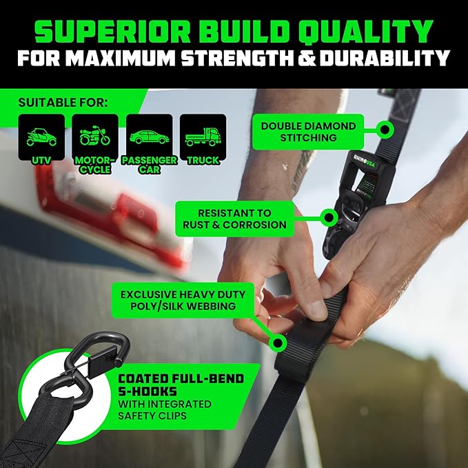 Rhino USA Ratchet Straps Heavy Duty Kit (4-Pack) - 1.6 Inch x 15 Feet Min Break Strength (5,000) - Ultimate Tie Down Straps with Safety S Hooks for Trucks, ATV, UTV, Motorcycle, Cargo & More - Black
