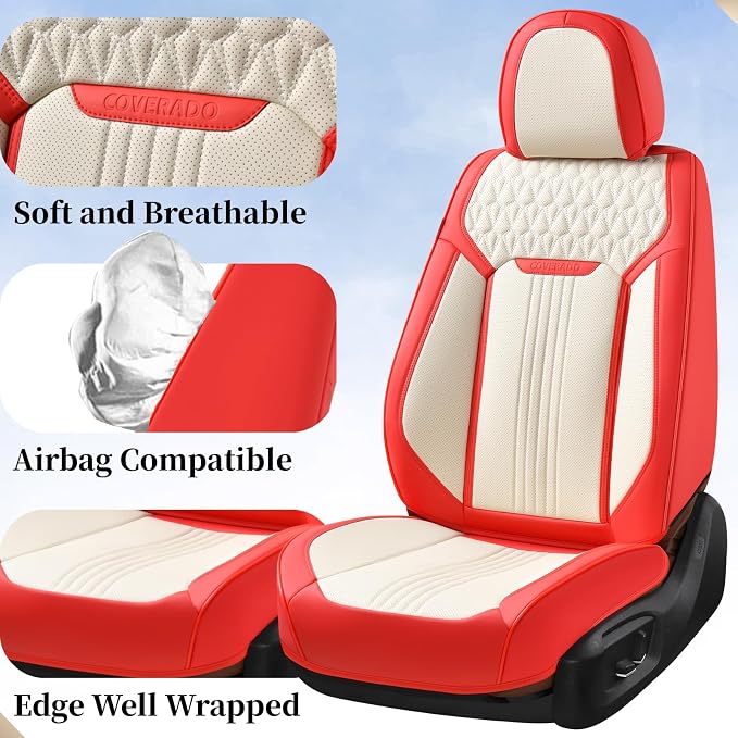 Coverado Seat Covers Full Set, Leather Car Seat Cover, Waterproof Car Seat Protector, Automotive Seat Covers Car Seat Cushion Universal Fit for Most Cars, Red&White