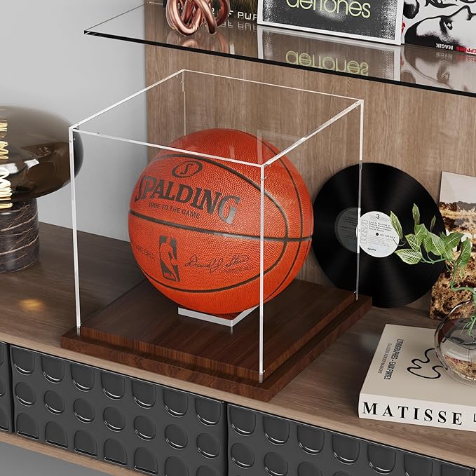 VGMiu Basketball Display Case with Wood Base, Clear Acrylic Basketball Case Display Box with Removable Built-in Ball Holder for Autographed Balls, Sports Collectibles, Memorabilia Displays
