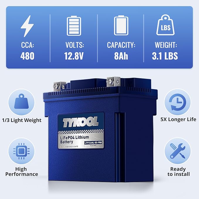TYKOOL LFP14AHL-BS-PRO Lithium Battery, 480CCA 8Ah, Replaces YTX14AHL-BS, Fits for Motorcycle ATV Snowmobile Scooter, Compatible with Moto Guzzi V7 Royal Enfield Arctic Cat, Digital Readout [- +]