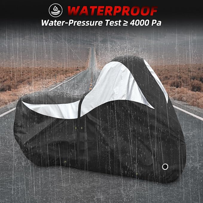 600D Motorcycle Cover, Heavy Duty Waterproof Motorcycle Covers Outdoor Storage with Lock-Holes Compatible with Harley Davidson, Honda, Suzuki, Yamaha (96"-XXL)