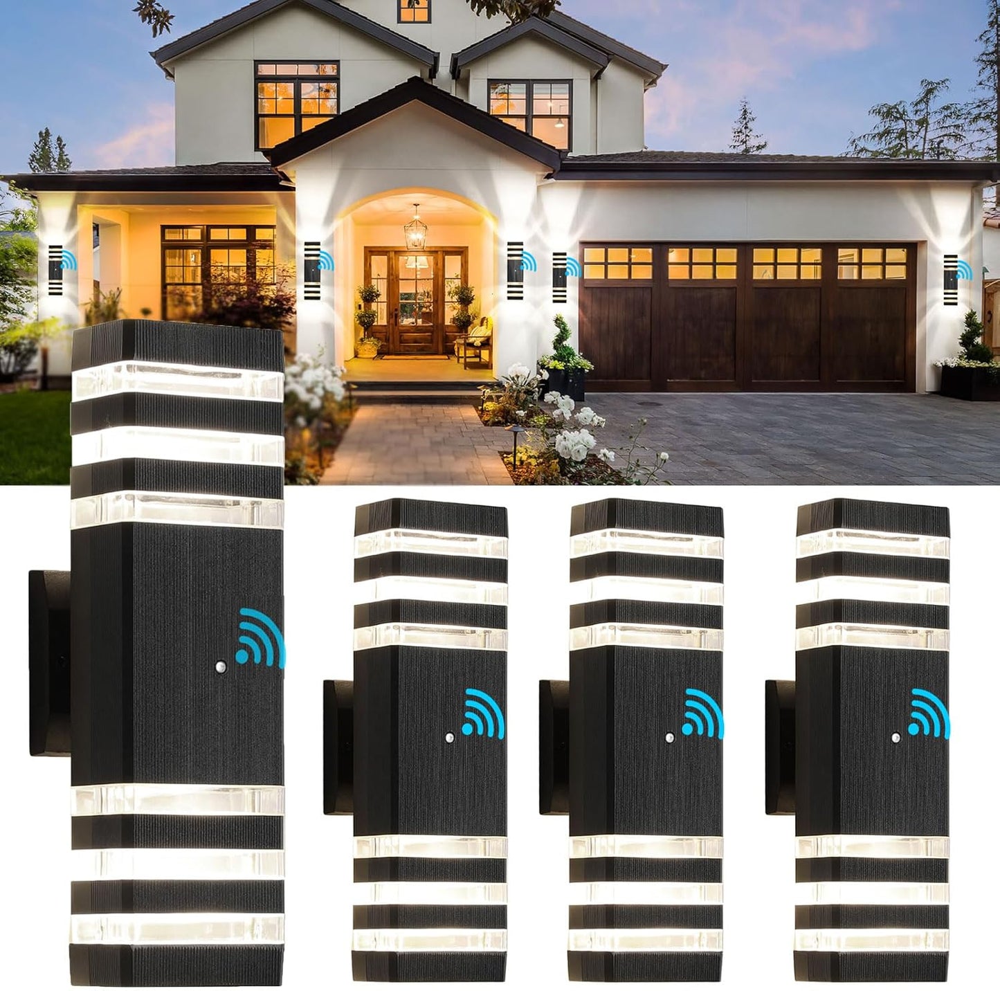 tewei 4 Pack Dusk to Dawn Outdoor Light Fixture, Black Exterior Wall Lights Up and Down Porch Lights Outdoor Wall Mount Waterproof Aluminum Outside Lights for House Garage, 3-Layer, 3000K