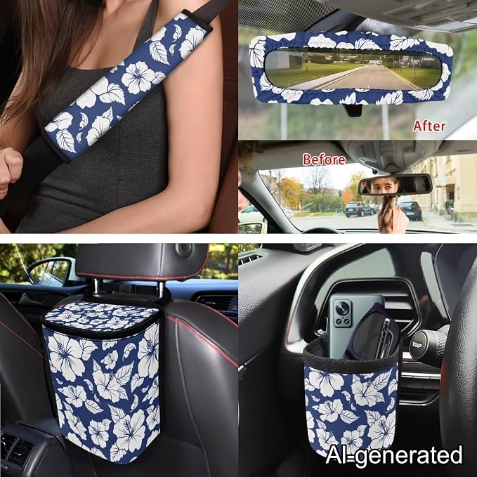 Dreaweet Car Seat Covers Full Set for Women Blue Hibiscus Flowers Car Accessories Universal Steering Wheel Cover Seat Belt Pads Trash Bin Rearview Mirror Cover Cup Holders Keychain Air Vent Holder