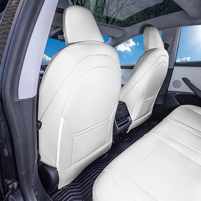 FH Group Custom Fit Seat Covers Compatible with Tesla Model 3 2024–2026 Full Set Seat Covers for Tesla Sedan (Front Seats + Rear Seats) Faux Leather Car Seat Covers, Solid White