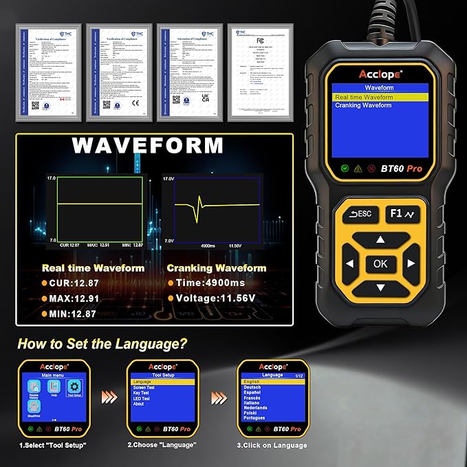 BT60 PRO Car Battery Tester 6V/12V/24V, 2–120Ah, 100–3000 CCA, AGM/Gel/Lithium, Alternator & Starter/Charging System Analyzer, QR Cloud Report (No App), Digital Analyzer