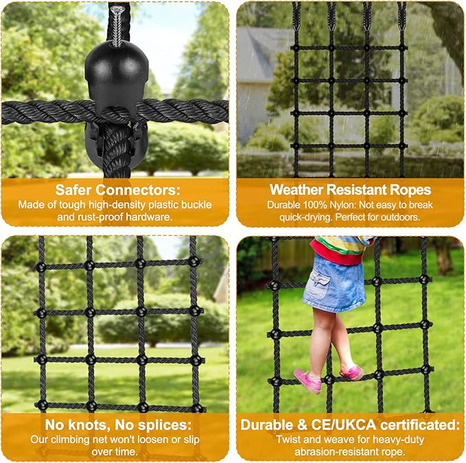 Climbing Cargo Net for Kids Outdoor 30" x 75" Heavy-Duty No Knots Climbing Net for Swing Set, Treehouse, Playground, Ninja Lines, Ninja Obstacle Course Rope Net for Climbing - 1000 LB Capacity