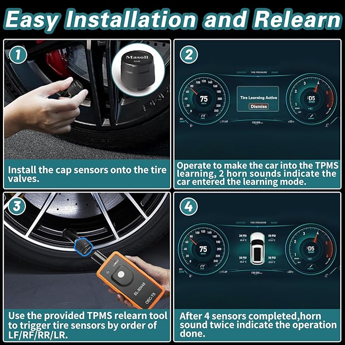Masoll TPMS Sensor for GM Chevy Chevrolet Silverado Buick Cadillac GMC, Gen 2 TPMS Sensors Set of 4 with 1 TPMS relearn Tool, External Tire Pressure Sensor, Easy to Install