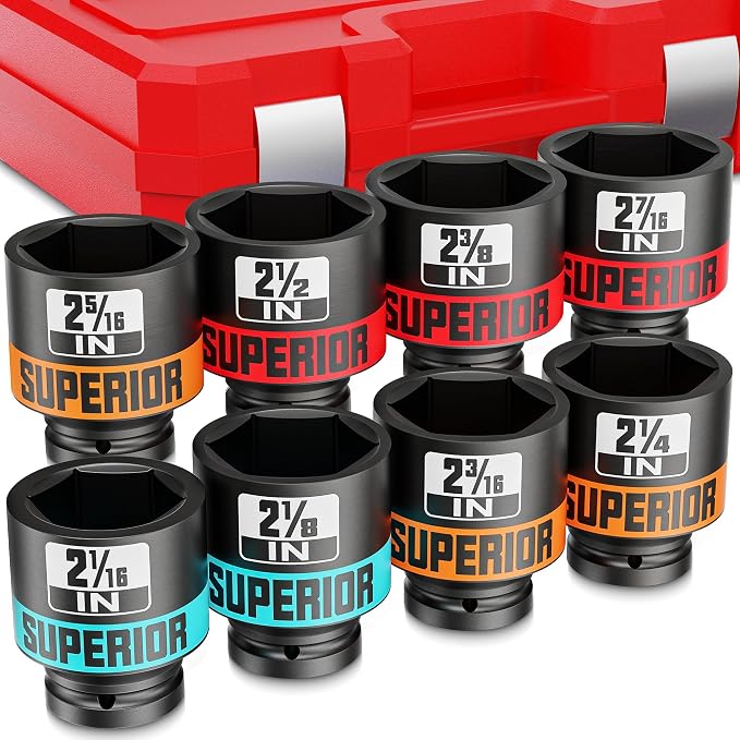 8 Piece 3/4”Drive Shallow Impact Socket Set, 2-1/16”-2-1/2”Axle Nut Sockets, SAE, CR-MO, 6 Point, Tools for Removing Mechanical Nuts, Large Automotive Repairs, Agricultural implement