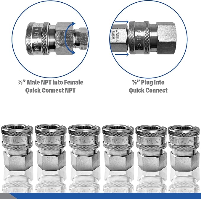 Essential Washer Stainless Steel ⅜” Quick Connect Female NPT | Pressure Washer Quick Connect Fittings | 5000 PSI | Set Of 6