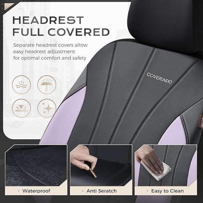 Coverado Car Seat Covers， 2 Front Seats Waterproof Nappa Leather Automotive Seat Protectors, Front Luxury Mesh Seat Covers, All-Weather Universal Fit for Most Cars, SUVs, Trucks,Purple&Black