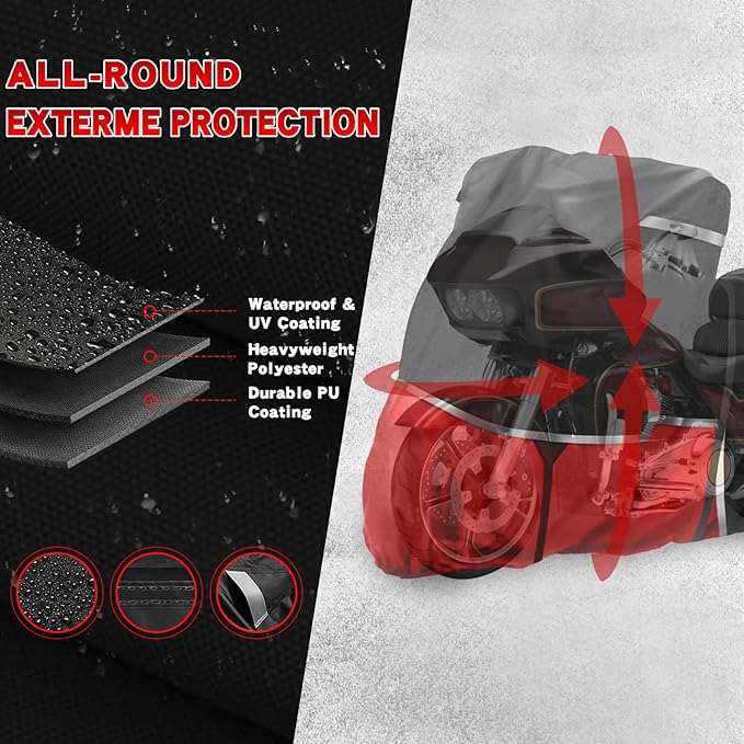 420D Waterproof Motorcycle Cover with Side Top Box Compatible with Touring Models Harley Davidson Road Glide Limited/Road King/Ultra Limited for Snow Rain Dust Protection All Weather Protection