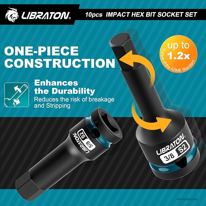 LIBRATON Impact Hex Bit Socket Set, 1/2" Dr, S2 Steel, 10PCS High Torque Sockets (SAE 1/4"-3/4") for Professional Mechanics & Automotive Repair (XPE Storage Case)
