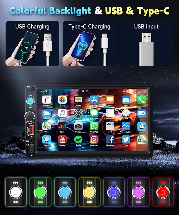 Car Stereo Double Din Radio, 7 inch Touch Screen Radio Car Audio Receivers, 2 Din Bluetooth Stereo, Mirror Link, FM EQ SWC USB Backup Camera Type-C Fast Charging
