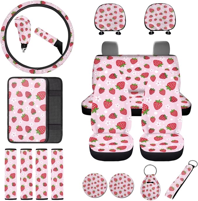 Strawberry Floral Print Car Seat Covers Set Includes Front Rear Seat Covers Headrest Protectors Steering Wheel Cover Seatbelt Pads Center Console Pad, 18Pcs Car Interior Decor