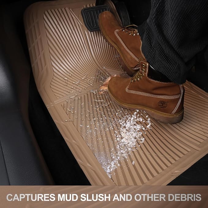 CAR PASS Rubber Car Mats,Car Floor Mats All Weather, Waterproof Trim-to Fit Automotive Floor Mats for Cars Trucks SUV,Anti-Slip Easy Clean, Heavy Duty Car Mats Full Set 3-Piece,All Beige