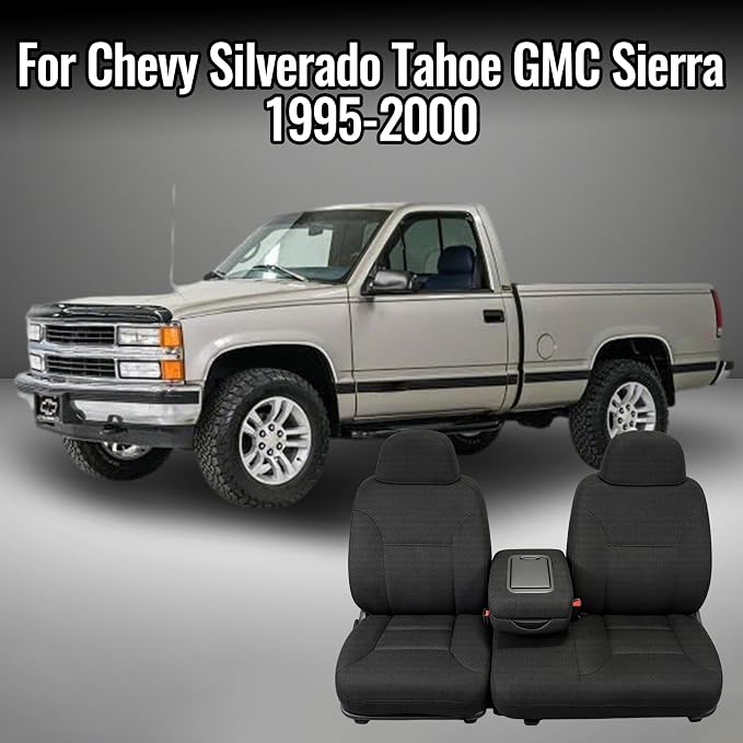 Front 60/40 Split Bench Seat Covers for Chevy Silverado Tahoe GMC Sierra 1995-2000 Front 60/40 Split Bench Seat with Opening Center Console Composite Fabric - Black