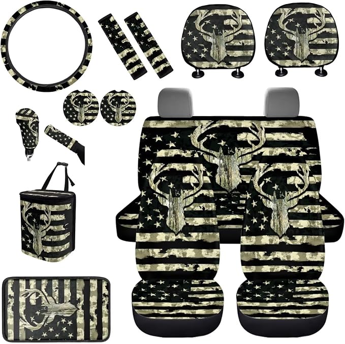 BIGCARJOB American Flags Deer Car Front Rear Seat Covers Full Set for Men Auto Interior Accessories 15 Pack Car Headrest Cover,Car Trash Can,Car Seat Protector Set