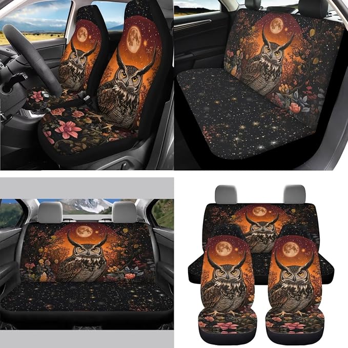 Moon Floral Owl Car Seat Covers Full Set 15 Pcs Car Accessories Including Steering Wheel Cover Seat Belt Pad Trash Can Car Headrest Pillow Covers Armrest Pad
