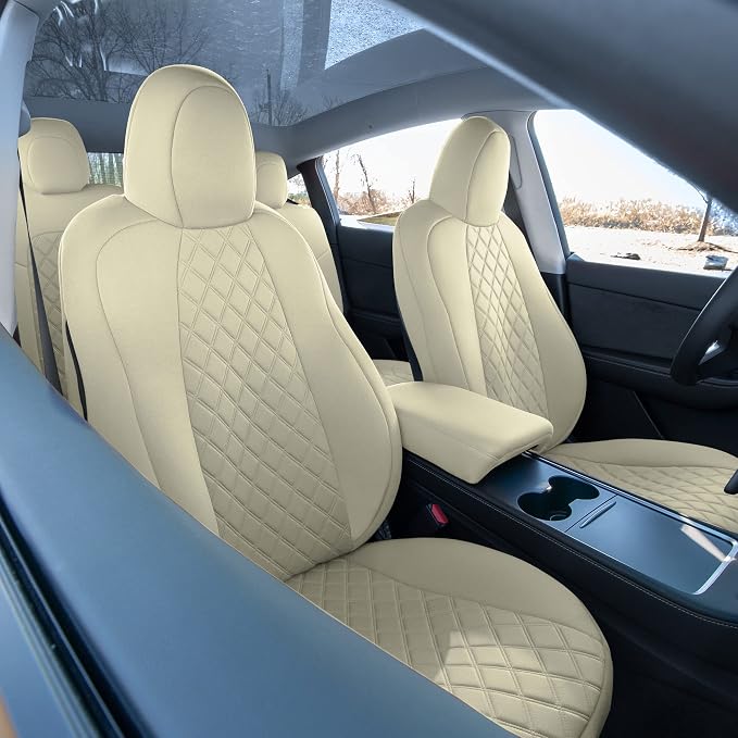 FH Group Custom Fit Car Seat Covers Specifically Made for 2020-2025 Tesla Model Y Ultraflex Neoprene Water Resistant Automotive Seat Covers - Full Set Solid Beige