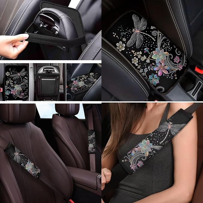 Mumeson Dragonfly Pattern Car Seat Covers Car Accessories Set Car Seat Covers with Sweat Absorption Neoprene Steering Wheel Cover and Safety Seat Belt Cover Car Armrest Box Mats