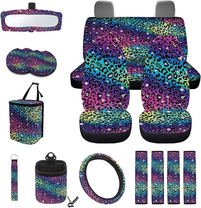 Leopard Galaxy Pattern Bucket Seat and Rear Split Bench Cover Steering Wheel Cover Car Trash Bin Seat Belt Pad Keychain Coasters Air Outlet Bag 15pcs Car Accessories