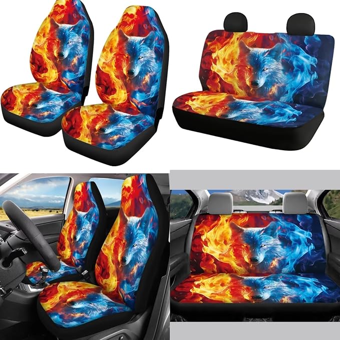 Mumeson Wolf Pattern Car Seat Covers Soft Rubber Steering Wheel Cover and 2 Pcs Adjustable Seatbelt Covers Shoulder Cushion Pad 1 Pcs Armrest Cover 8 Pack Car Accessories Decor Set