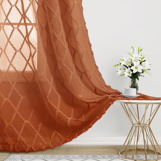 Extra Long Terracotta Sheer Curtains 102 Inch Length for Living Room Semi Sheer Privacy Drapes 2 Panels Set Back Tab Western Decor Boho Rust Colored Curtain for Bedroom Bay Window Vintage 52x102