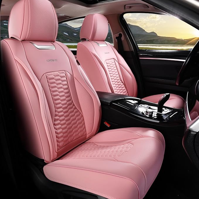 Coverado Front Seat Covers, Car Seat Covers Front Seats, Nappa Leather Waterproof Seat Covers for Car, Car Seat Protectors, Automotive Seat Covers Universal Fit for Most Vehicles(Pink)
