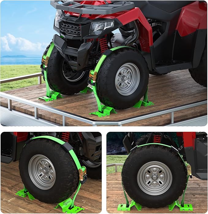 Trekassy Wheel Chock Tie-Down Kit with Rubber Blocks, (4,500lb Break Strength) Heavy Duty E Track Trailer Tire Straps for ATV, UTV, Lawn Mower- 2 Pack