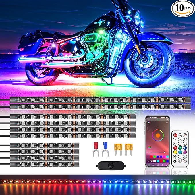 Chaser Dreamcolor Motorcycle LED Underglow Kit with/APP/RF Remote Brake Turn Signal,10PCS Chasing Motorcycles RGB+IC 12v Effect LED Strips Light Waterproof Multicolor for Harley Kawasaki