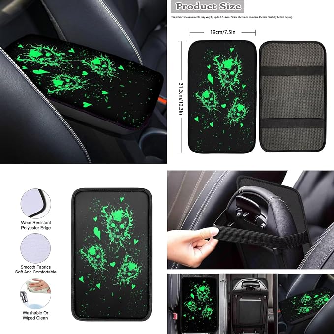 Howilath Green Glowing Skull Front Car Seat Covers Set with Interior Accessories Steering Wheel Cover/Seatbelt Pads/Keychain/Armrest Cushion/Coasters Fit Sedan Truck Van - 10 Packs