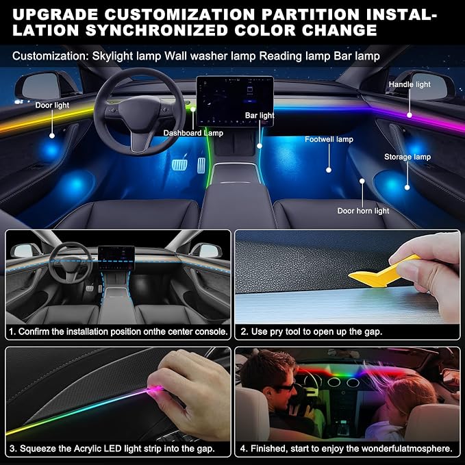 Dreamcolor Acrylic Interior Car LED Strip Light with USB/Type C, 10 in 1 with 179.24 inches 610 LEDs Ambient Lighting Kits, Sound Active Function Neon Accessories