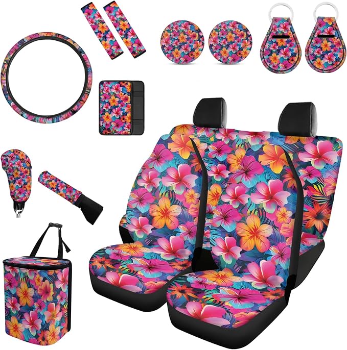 Forchrinse Hawaiian Car Seat Covers for Women Tropical Hibiscus Flower Seat Cover Combo Set with Steering Wheel Armrest Seatbelt Covers Trash Can Key Chain,15Pcs Car Interior Set