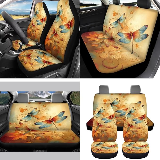 15 Pcs Vintage Dragonfly Car Seat Covers Full Set for Women Cute Car Accessories Interior Car Steering Wheel Cover Seatbelt Covers Trash Bin Rear View Mirror Cover Cup Holders Keychain