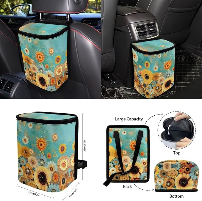 Floral 15 PCS Car Seat Cover Set with Auto Steering Wheel Cover Seat Belt Strap Protector Cup Holder Trash Bag Rear View Mirror Protector Keychain