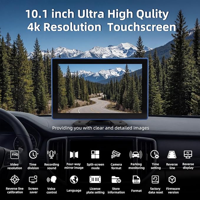 4K RV Backup Camera System, 10.1 in Touchscreen, 4 Wired Cameras | 4CH 1080P Night Vision, IP68K Waterproof, DVR Loop Recording for Truck RV