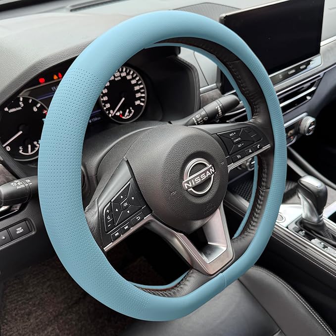 PINCTROT D Shaped Nappa Leather Steering Wheel Cover, Slim Fit No Bulk Design, One Piece Leather with Breathable Perforation, Fit Like Gloves, Flat Bottom 14.5-15 Inch(Nappa Aqua)