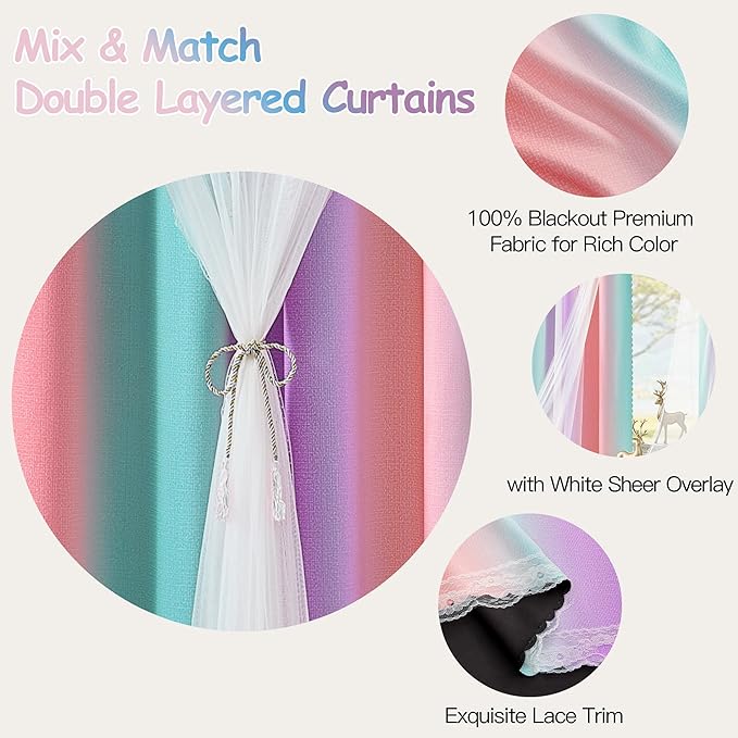 XiDi 100% Blackout Curtains for Girls Bedroom 63 Inches Long 2 Panels Colorful Rainbow Nursery Kids Curtains with Sheer Overlay Unicorn Wall Decor Princess Grommet Drapes Pink Purple Green 52W x 63L