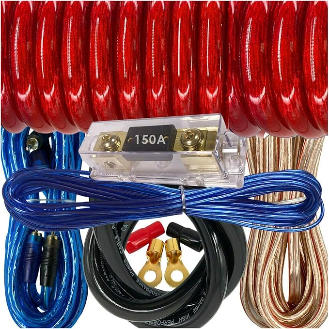 Audiobank Complete 0 Gauge 6000 Watts Car Amplifier Installation Power Wiring Kit with Thick 17 Feet FT 0 Gauge Power 150A + 200A Fuse Included -Red