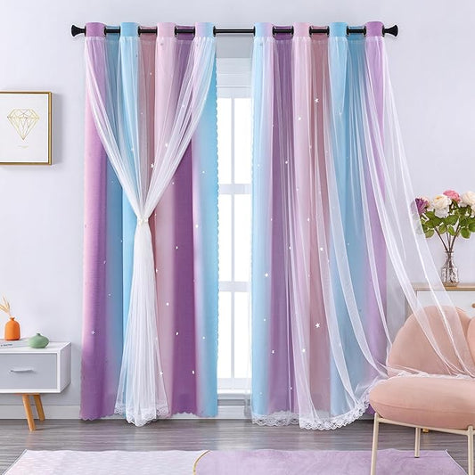 XiDi 90 Inch Curtains for Girls Bedroom Pink Rainbow Blackout Curtains Room Darkening Grommets Top Window Drapes for Kids Princess Nursery Room Decor Unicorn Wall Decals 2 Panels 42x90 Pink Purle