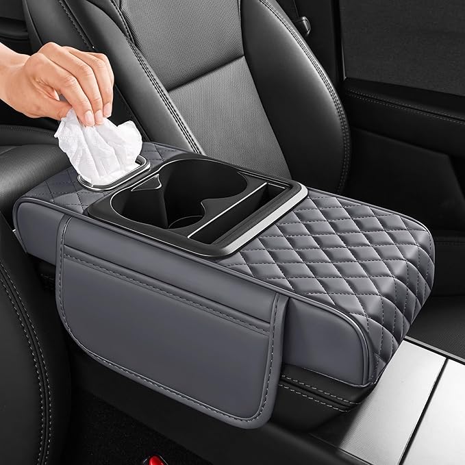 5 in 1 Nappa Leather Console Armrest Cover, Gray | Built-in cup holder, tissue slot, phone holder & 2 storage pockets, practical car accessories fit SUV sedan truck