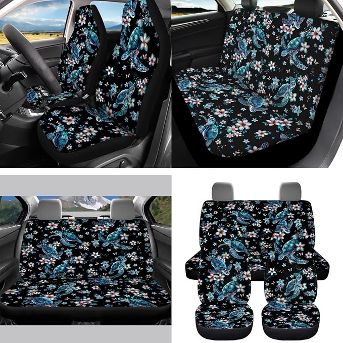 Plumeria Sea Turtle Auto Interior Accessories Car Seat Covers with Auto Steering Wheel Cover Seat Belt Covers Car Trash Can View Mirror Cover Coaster Keychains