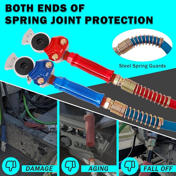 CheeMuii 2 Pack 12FT Semi Truck Air Lines Kits with Gladhands Handles Holders and Tender Springs Kit Red&Blue Air Brake Hoses and 7 Way Trailer Cord 3-in-1 Air Lines Set for Semi Truck Trailer Tractor