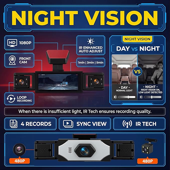 4 Channel 360° Dash Cam Front and Rear Inside Left Right, Orderich 3.16-Inch FHD 1080P IPS Dashcam Supports Night Vision, Loop Recording, 24/7 Recording Parking Mode Monitor, Reverse View