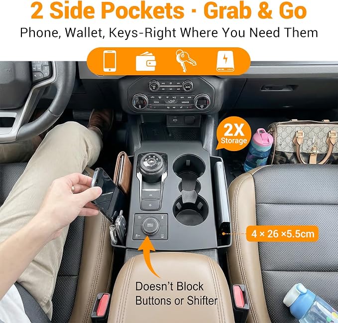 Center Console Side Organizer Tray Compatible with 2021-2025 Ford Bronco Sport Interior Accessories Storage Box Gear Shift Panel Trim Cover Black