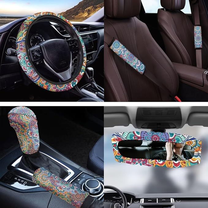 Art Mandala Car Seat Covers Set of 11 Car Front Seat Cover Steering Wheel Cover Rear View Mirror Cover Cup Coasters Wristlet Keychain for Most Cars, SUVs