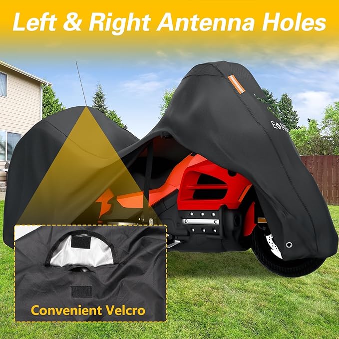 EVRBUL Trike Motorcycle Cover Waterproof 3-Wheel Vehicles Cover with Reflective Strips and Windproof Buckle Compatible with Harley Davidson CVO Tri Glide, Honda Gold Wing Trike 108× 59× 59 in